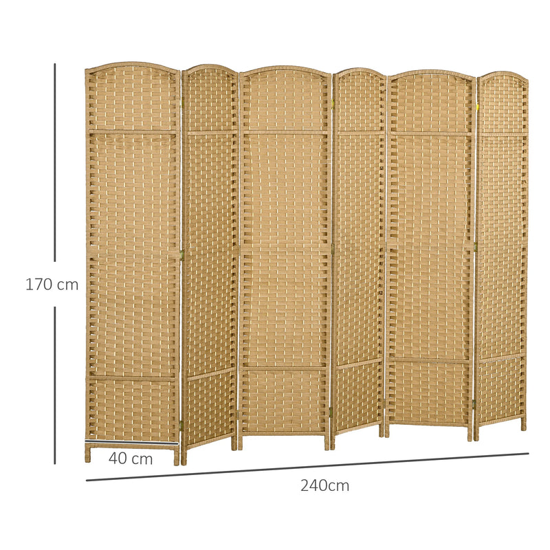 Paravent 6 Panneaux Tressé Polypropylène Naturel Cadre Bois de Pin 240 x 170 cm