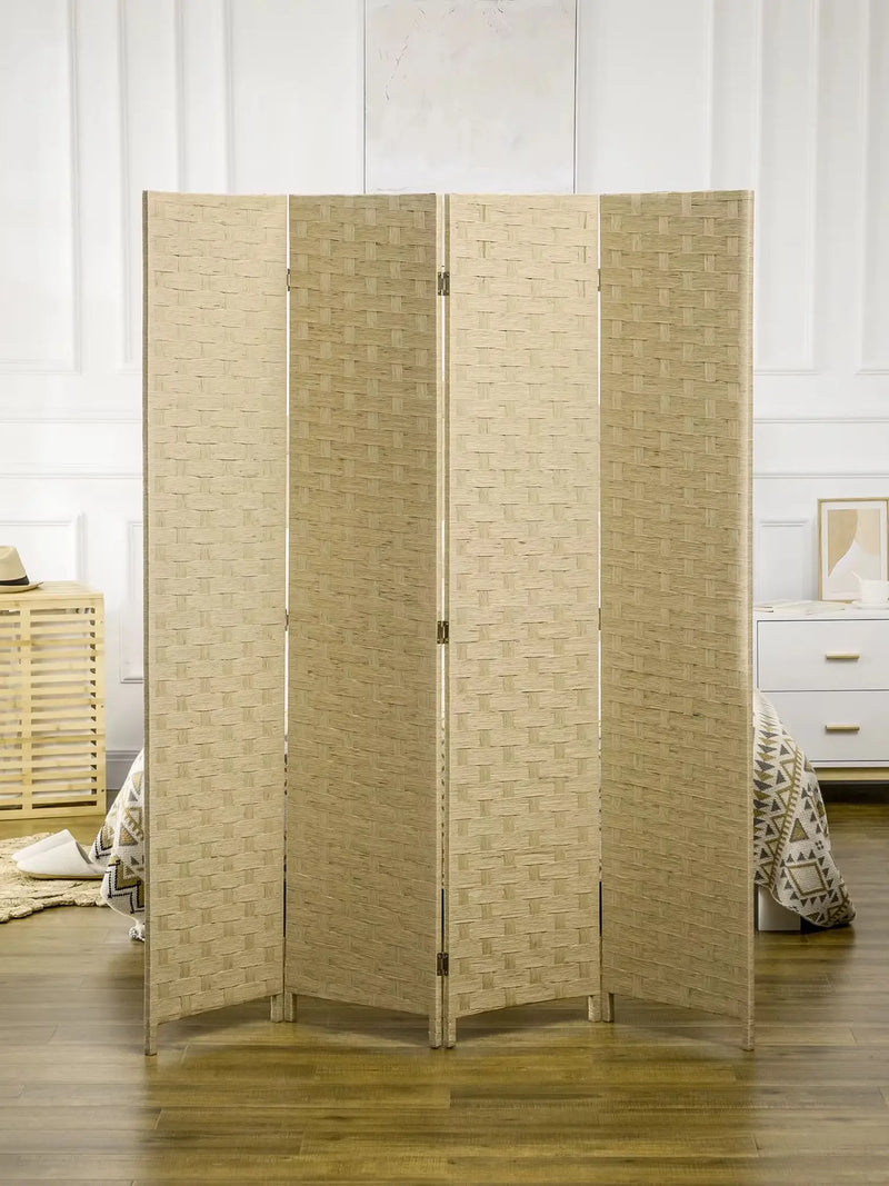 Paravent 4 Panneaux Tressé Naturel Cadre Bois 159,5 x 169,5 cm