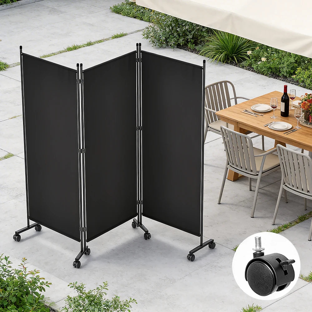 Paravent 3 Panneaux sur Roulettes Tissu Noir 259 x 183 cm