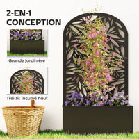 Jardinière métal avec treillis feuilles arqué noir, pour décorer un extérieur