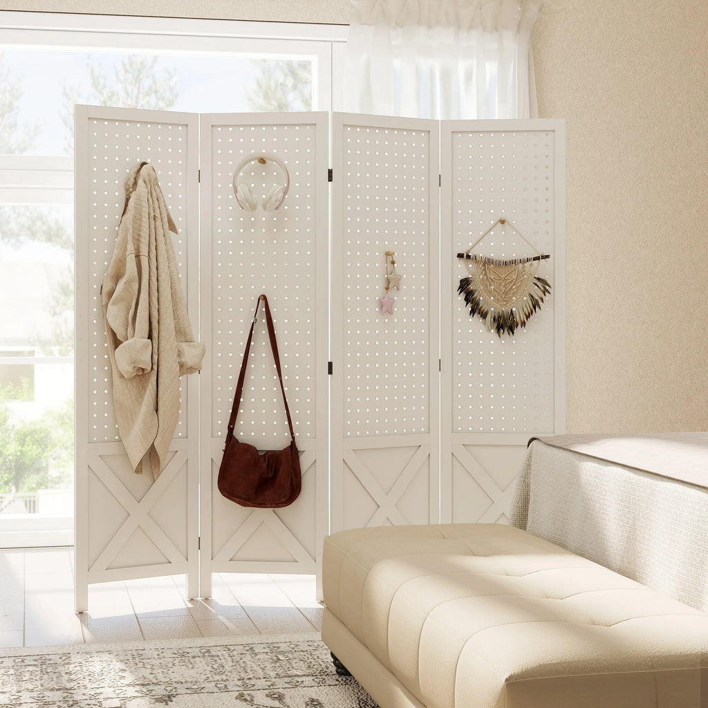 Paravent 4 Panneaux Perforés Bois Blanc Motif X 152 x 144,5 cm