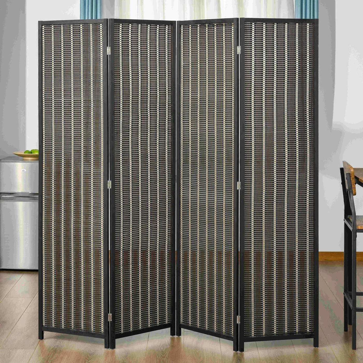 Paravent 4 panneaux bambou tressé noir cadre bois de pin
