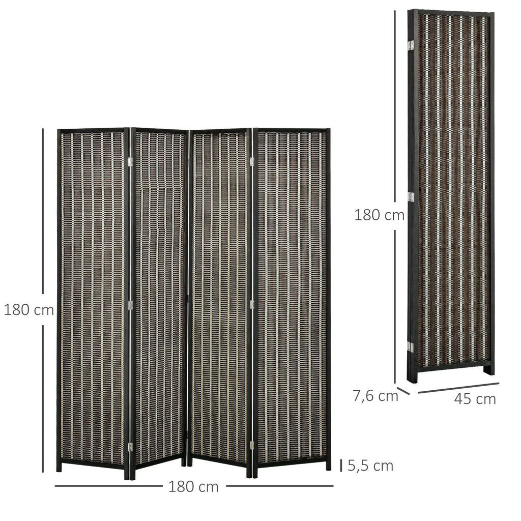 Paravent 4 Panneaux Bambou Tressé Noir Cadre Bois de Pin 180 x 180 cm