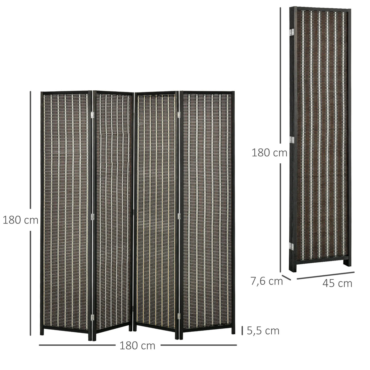 Paravent 4 Panneaux Bambou Tressé Noir Cadre Bois de Pin 180 x 180 cm