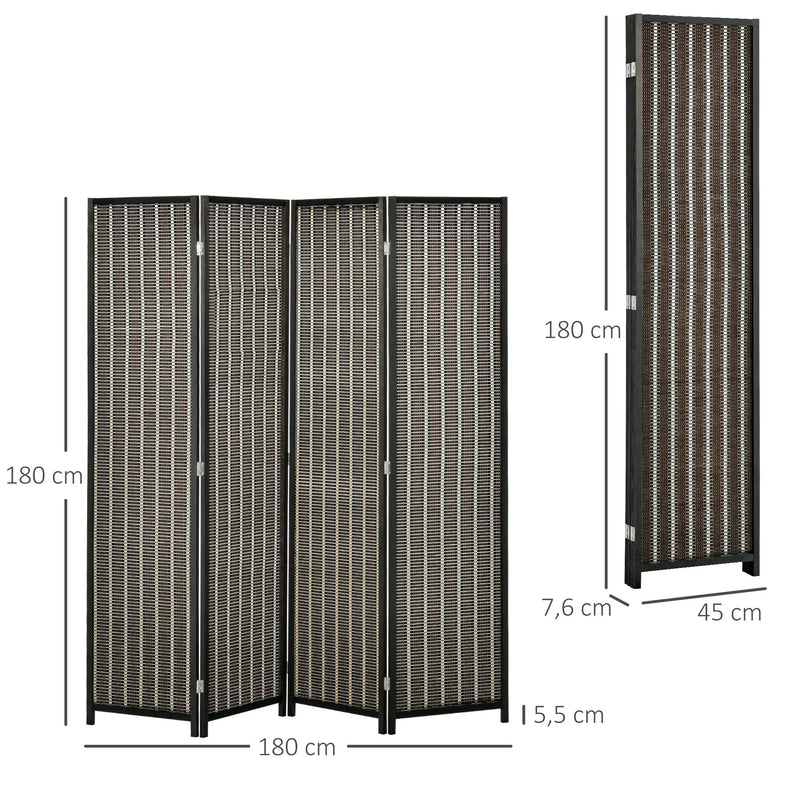 Paravent 4 Panneaux Bambou Tressé Noir Cadre Bois de Pin 180 x 180 cm