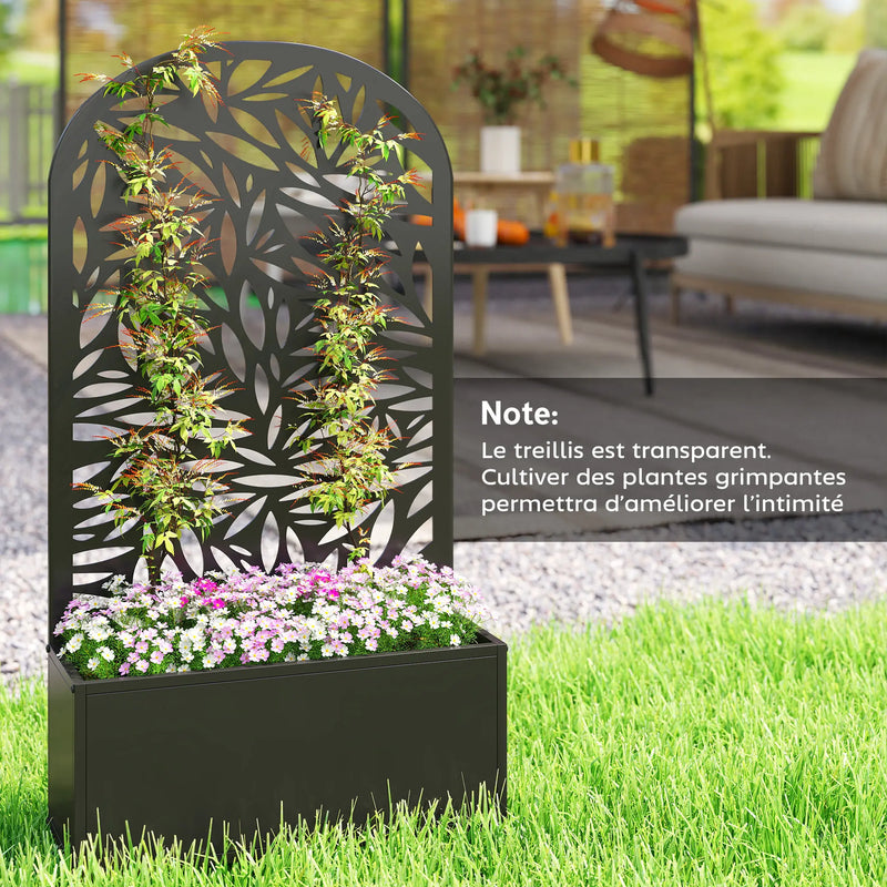 Jardinière métal avec treillis feuilles arqué noir, dimensions 61 x 113 cm