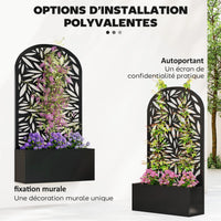 Jardinière métal avec treillis feuilles arqué noir, pour un coin repas en plein air