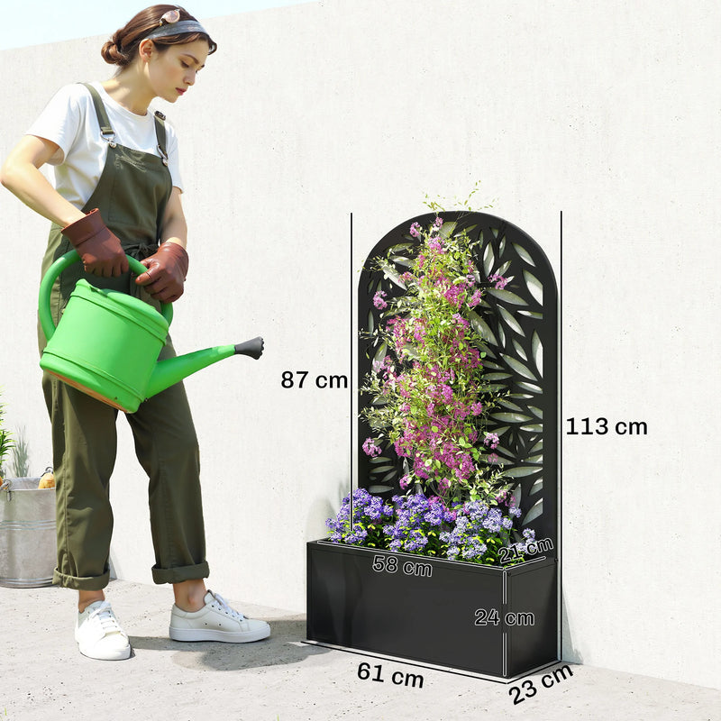 Jardinière métal avec treillis feuilles arqué noir, pour préserver son intimité dehors
