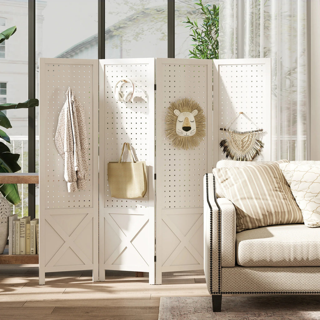 Paravent 4 Panneaux Perforés Bois Blanc Motif X 152 x 144,5 cm