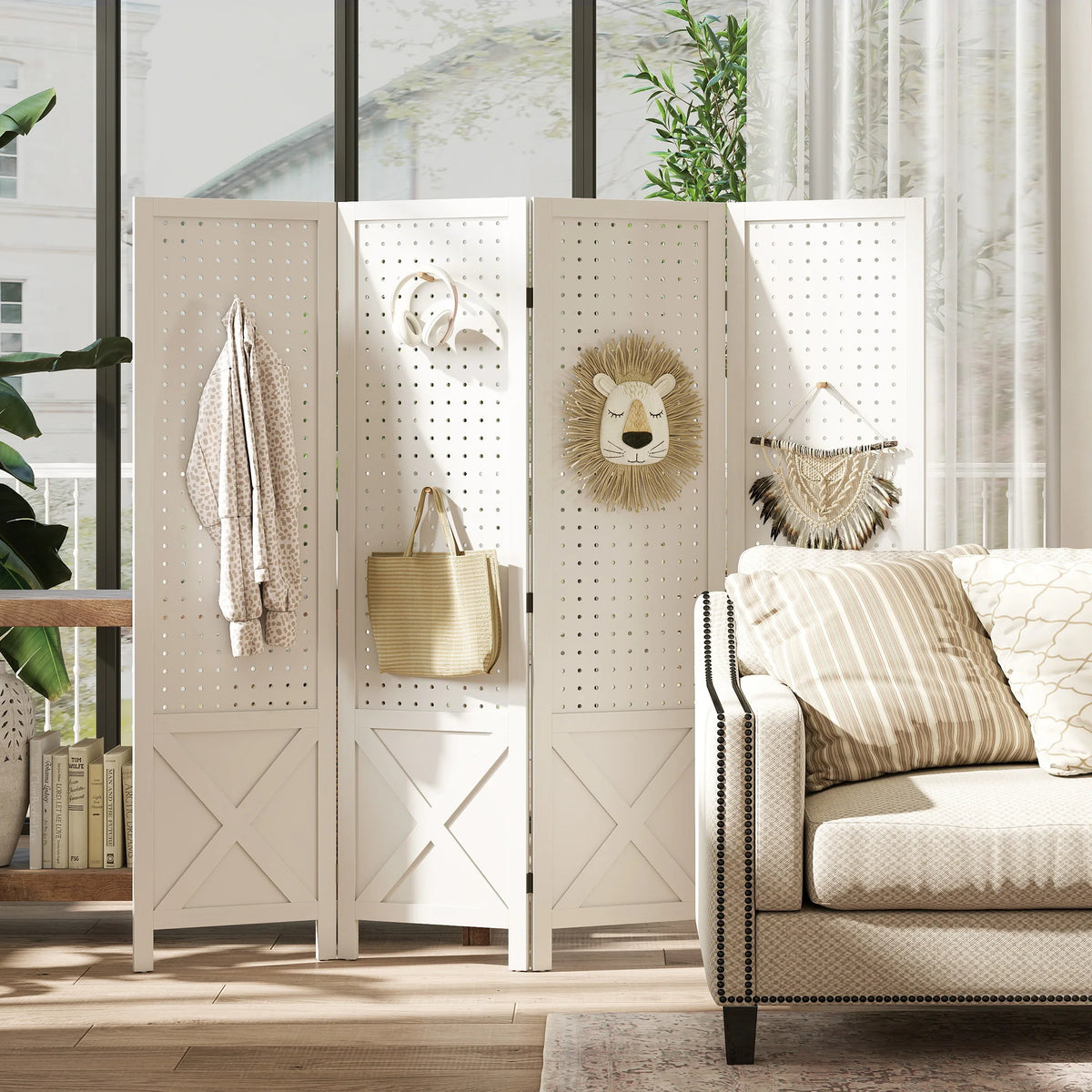 Paravent 4 Panneaux Perforés Bois Blanc Motif X 152 x 144,5 cm