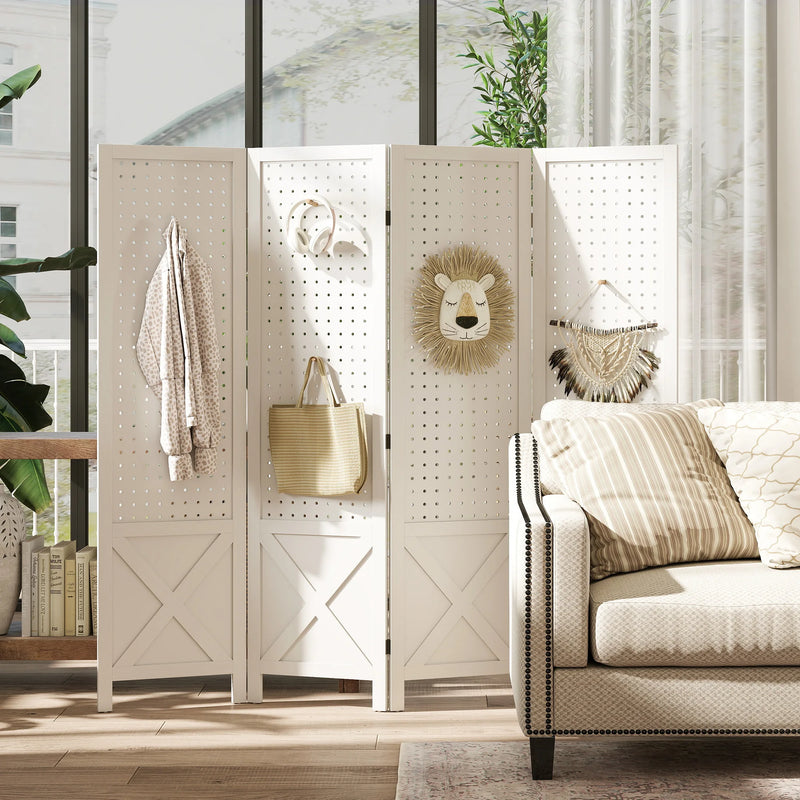 Paravent 4 Panneaux Perforés Bois Blanc Motif X 152 x 144,5 cm