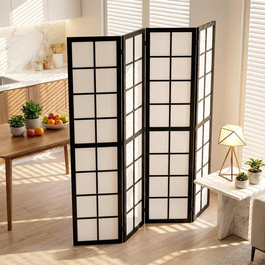 Paravent Japonais 4 Panneaux Bois Noir 160 x 170 cm