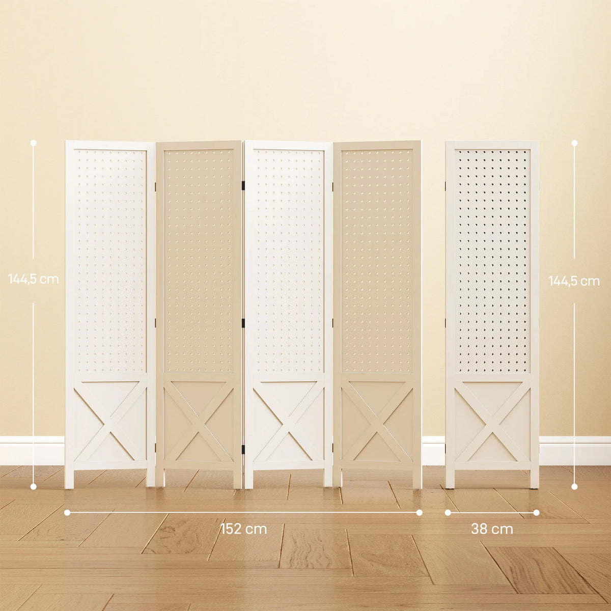 Paravent 4 Panneaux Perforés Bois Blanc Motif X 152 x 144,5 cm