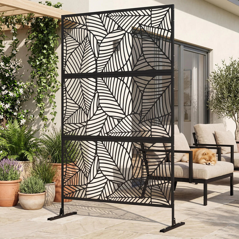 Paravent extérieur métal noir feuilles tropicales