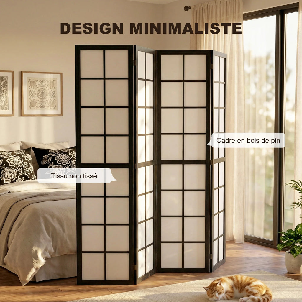 Paravent Japonais 4 Panneaux Bois Noir 160 x 170 cm