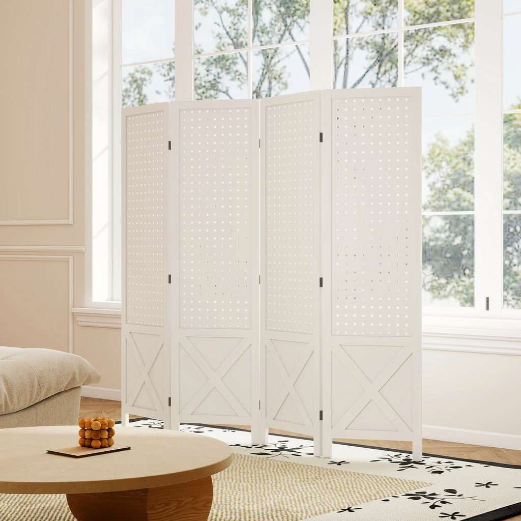 Paravent 4 Panneaux Perforés Bois Blanc Motif X 152 x 144,5 cm