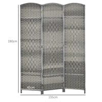 Paravent 3 Panneaux Tressé Gris Cadre Bois Sommets Arqués 135 x 180 cm