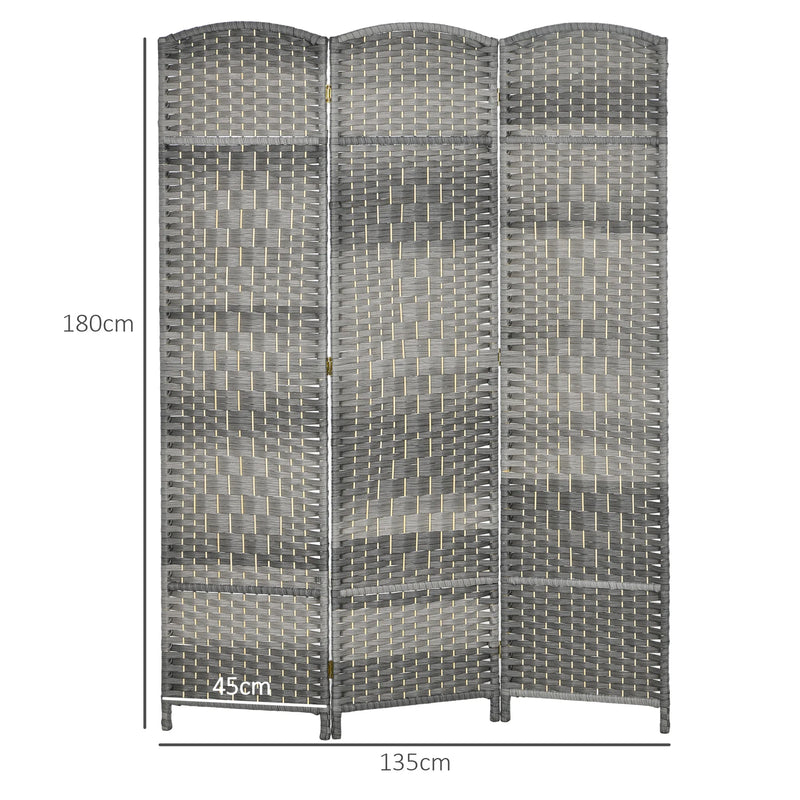 Paravent 3 Panneaux Tressé Gris Cadre Bois Sommets Arqués 135 x 180 cm