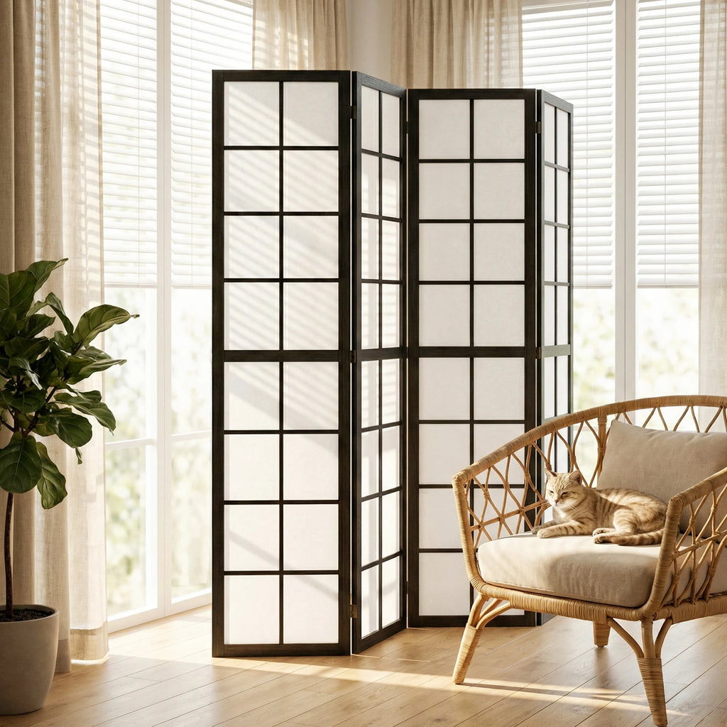 Paravent Japonais 4 Panneaux Bois Noir 160 x 170 cm