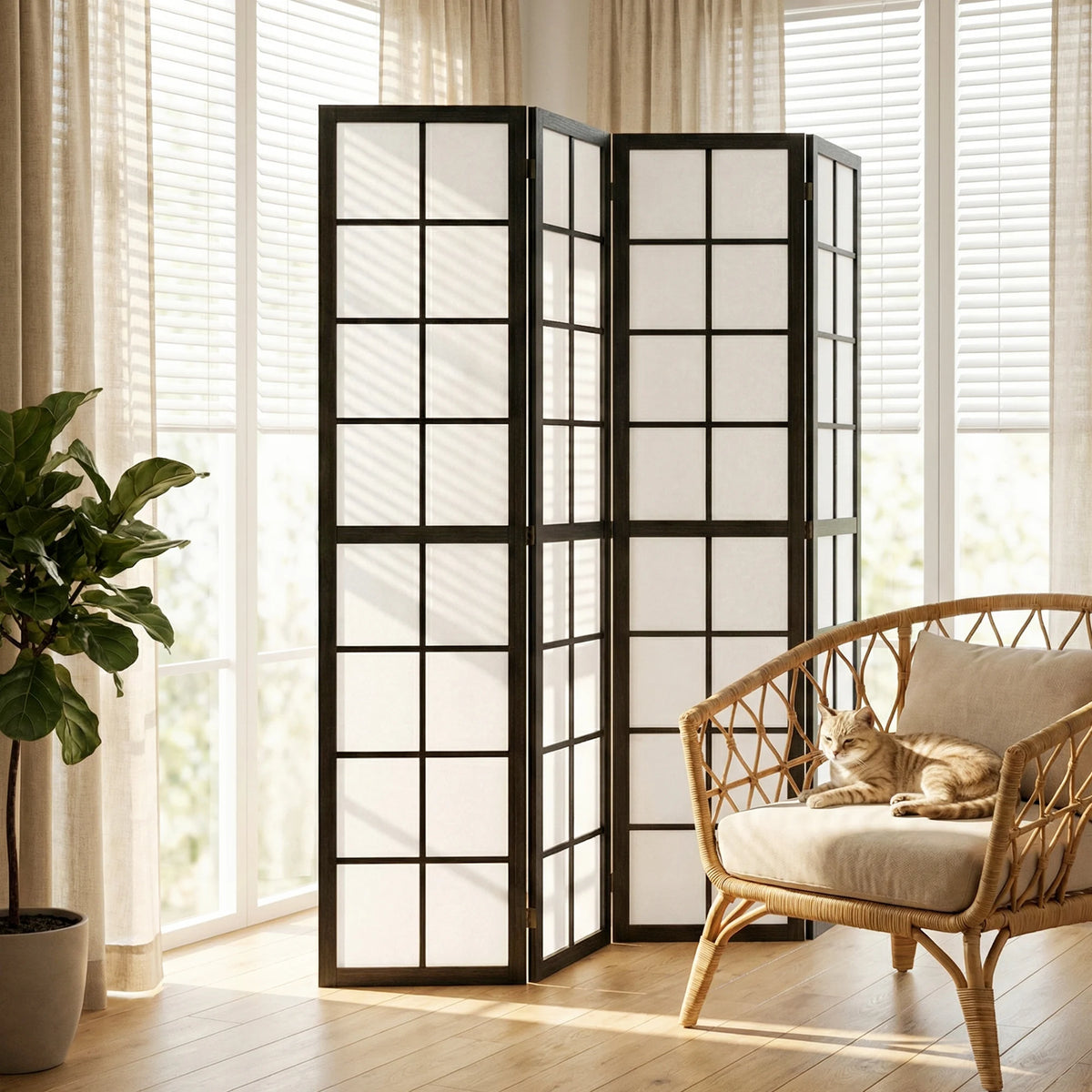 Paravent Japonais 4 Panneaux Bois Noir 160 x 170 cm
