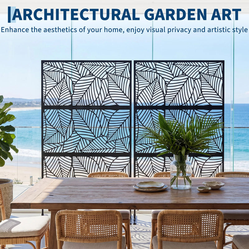 Paravent extérieur métal noir feuilles tropicales, pour une terrasse