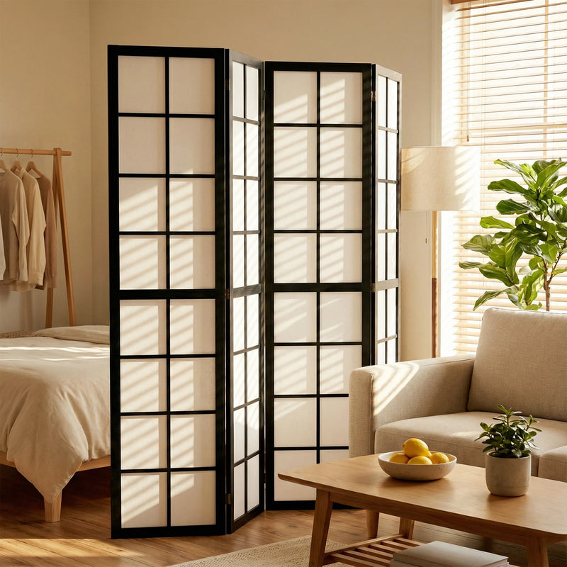 Paravent Japonais 4 Panneaux Bois Noir 160 x 170 cm