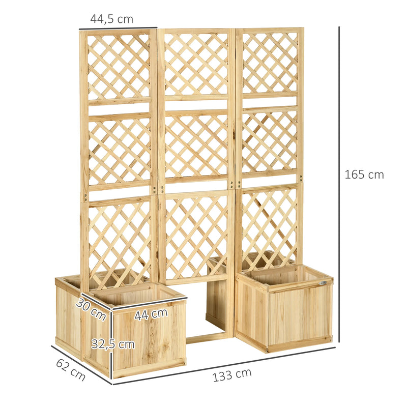 Paravent extérieur treillis bois 3 panneaux avec 4 jardinières, pour un jardin