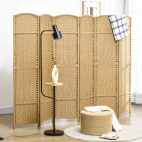 Paravent 6 Panneaux Tressé Polypropylène Naturel Cadre Bois de Pin 240 x 170 cm