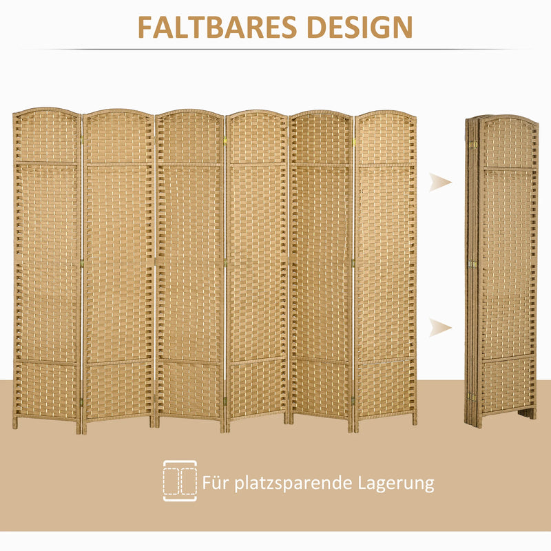Paravent 6 Panneaux Tressé Polypropylène Naturel Cadre Bois de Pin 240 x 170 cm