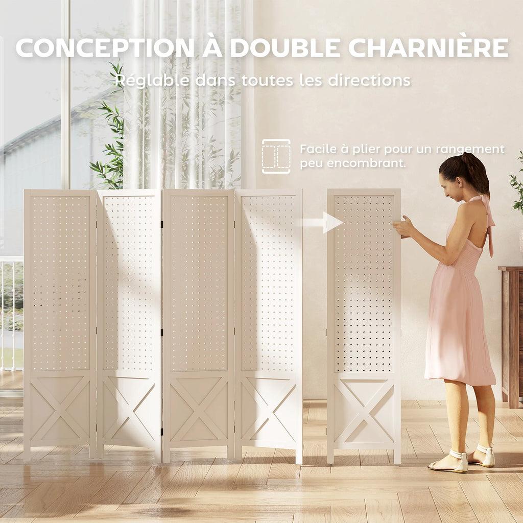 Paravent 4 Panneaux Perforés Bois Blanc Motif X 152 x 144,5 cm