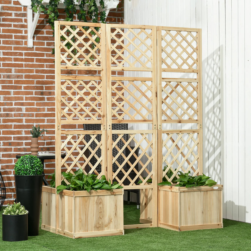 Paravent extérieur treillis bois 3 panneaux avec 4 jardinières