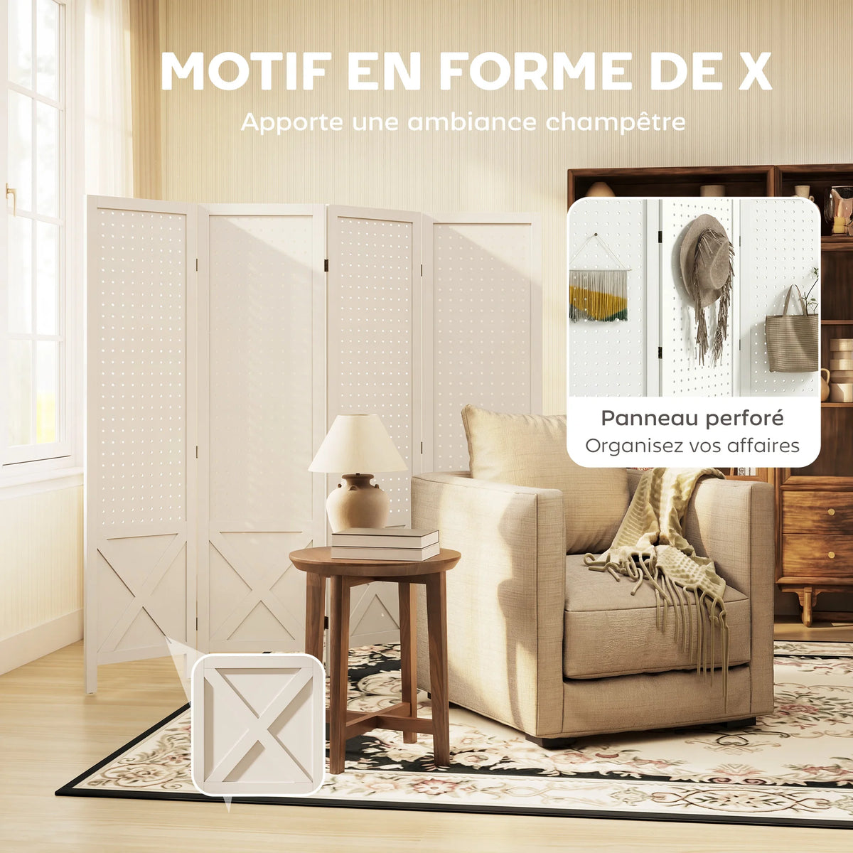 Paravent 4 Panneaux Perforés Bois Blanc Motif X 152 x 144,5 cm