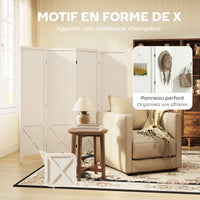Paravent 4 Panneaux Perforés Bois Blanc Motif X 152 x 144,5 cm