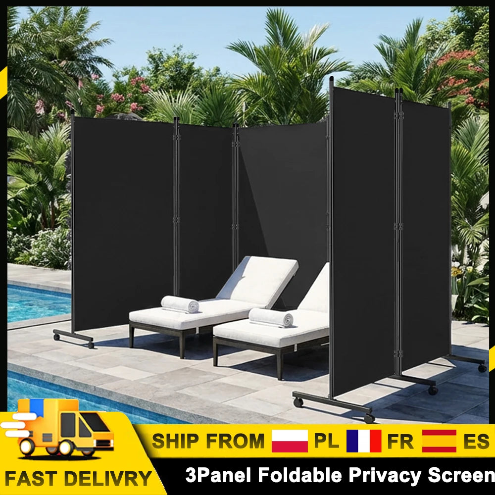Paravent 3 Panneaux sur Roulettes Tissu Noir 259 x 183 cm