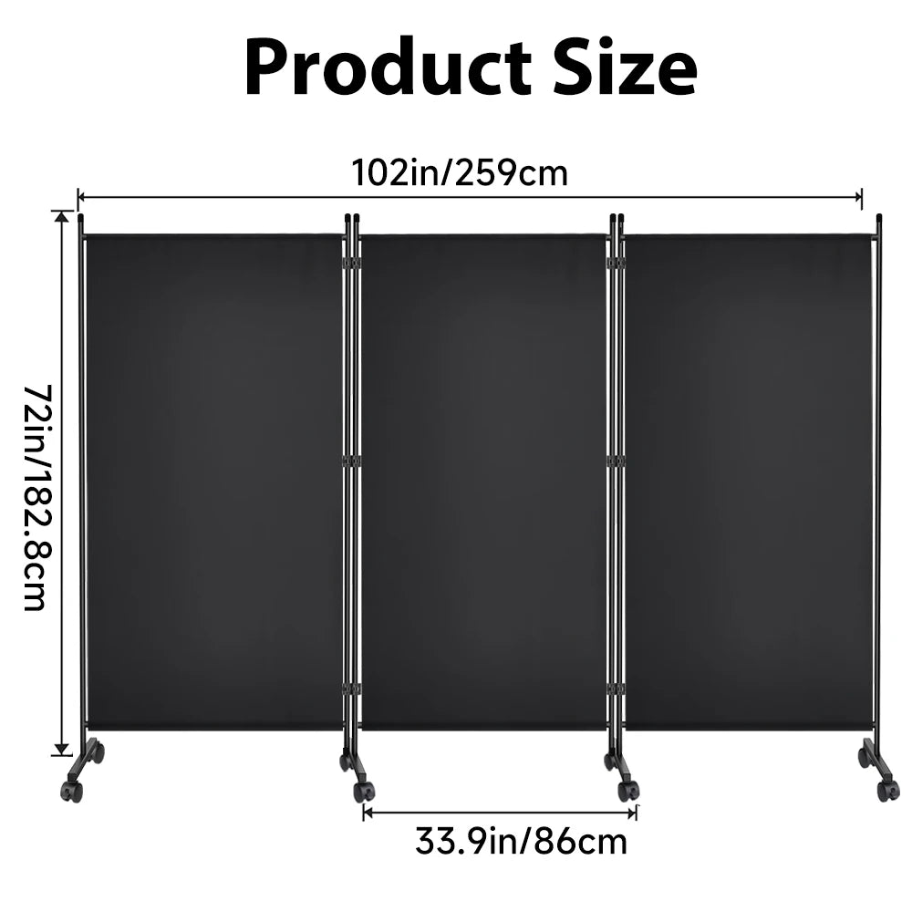 Paravent 3 Panneaux sur Roulettes Tissu Noir 259 x 183 cm