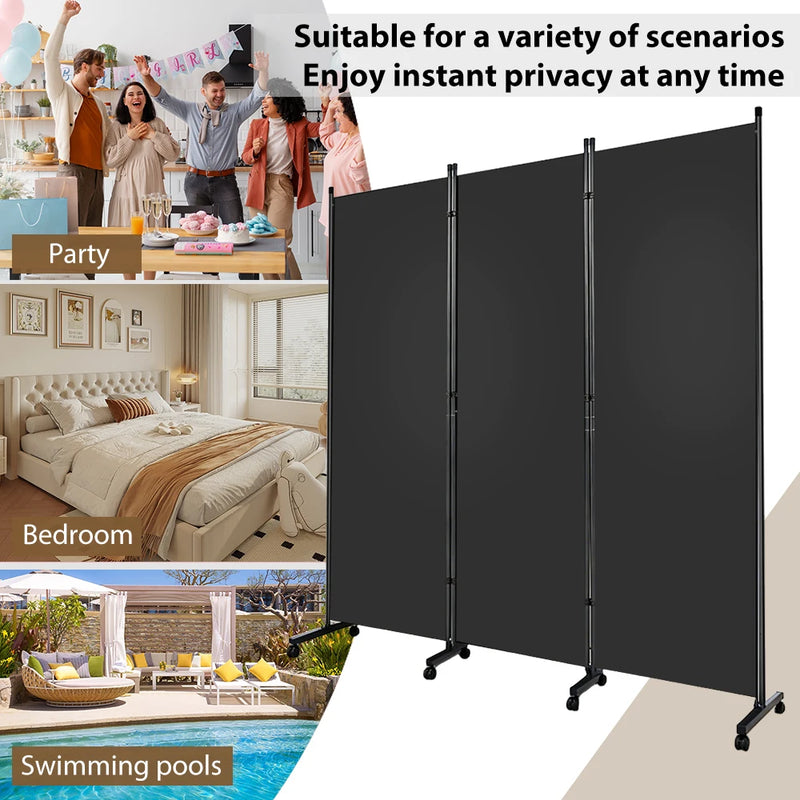 Paravent 3 Panneaux sur Roulettes Tissu Noir 259 x 183 cm