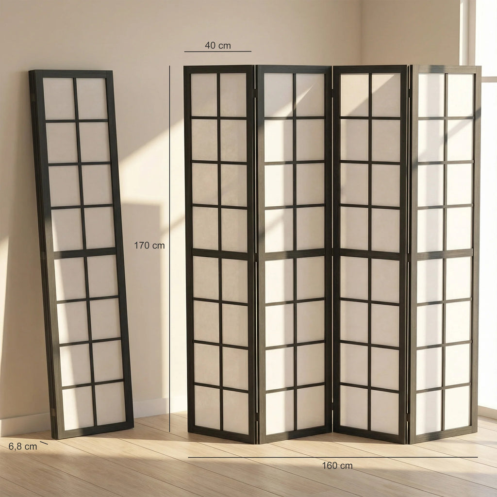 Paravent Japonais 4 Panneaux Bois Noir 160 x 170 cm