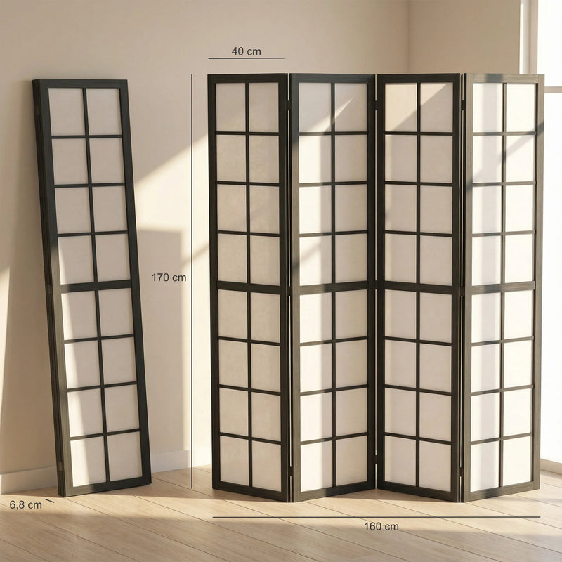 Paravent Japonais 4 Panneaux Bois Noir 160 x 170 cm