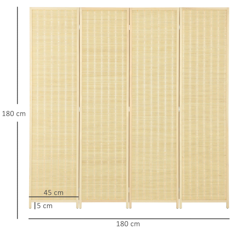 Paravent 4 Panneaux Bambou Tissé Naturel Cadre Bois de Pin 180 x 180 cm