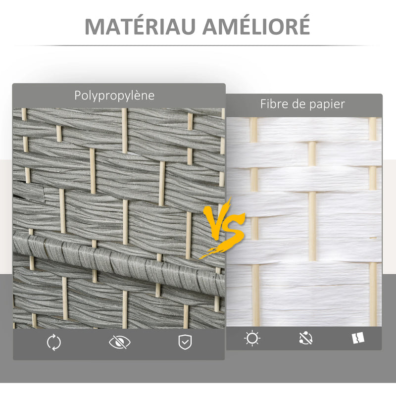Paravent 3 Panneaux Tressé Gris Cadre Bois Sommets Arqués 135 x 180 cm