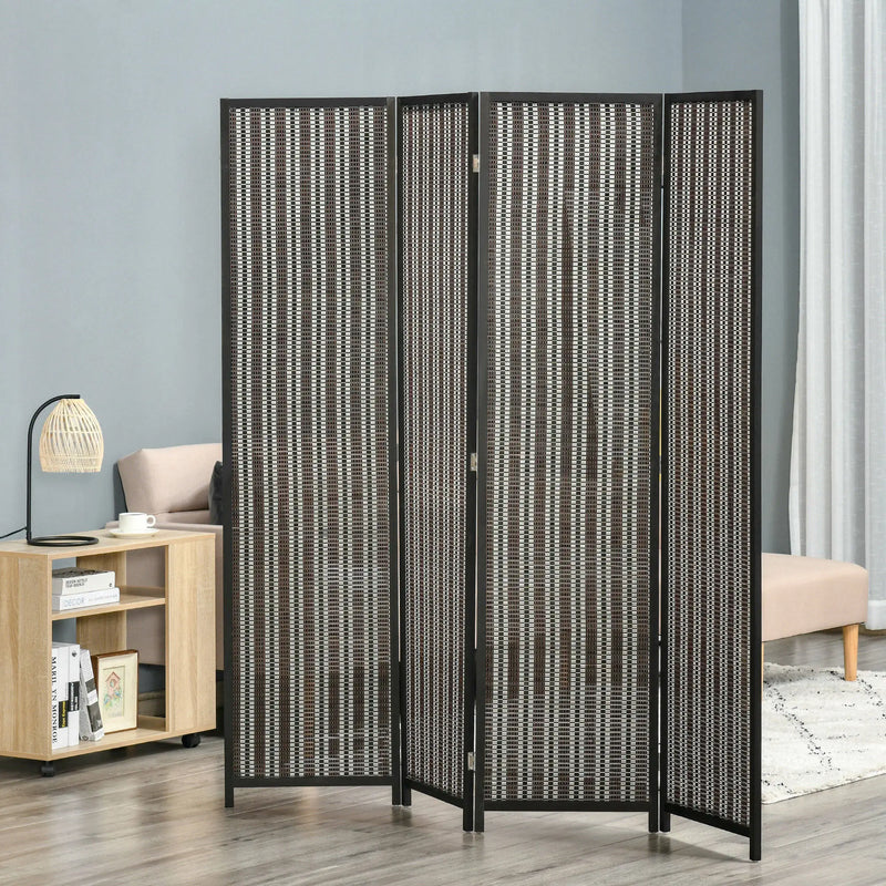 Paravent 4 Panneaux Bambou Tressé Noir Cadre Bois de Pin 180 x 180 cm
