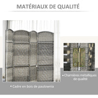 Paravent 3 Panneaux Tressé Gris Cadre Bois Sommets Arqués 135 x 180 cm