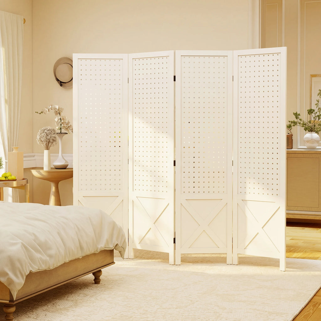 Paravent 4 Panneaux Perforés Bois Blanc Motif X 152 x 144,5 cm