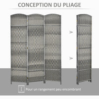 Paravent 3 Panneaux Tressé Gris Cadre Bois Sommets Arqués 135 x 180 cm