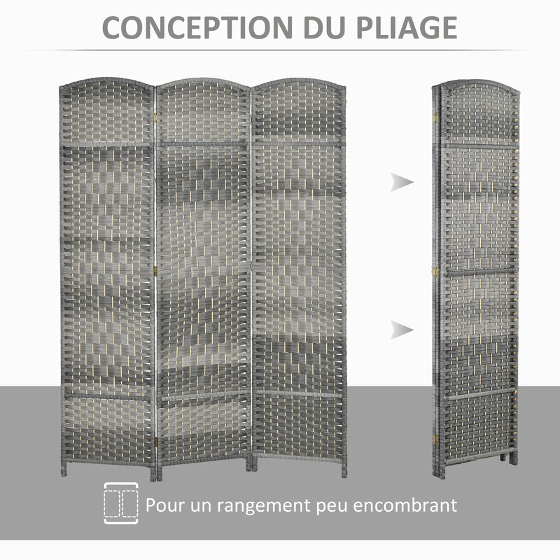 Paravent 3 Panneaux Tressé Gris Cadre Bois Sommets Arqués 135 x 180 cm