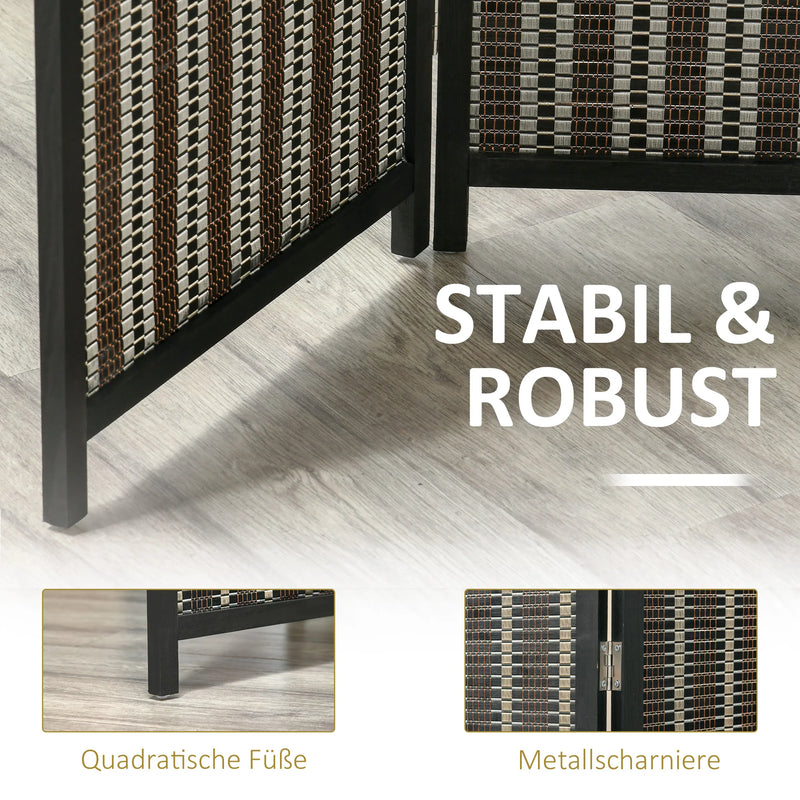 Paravent 4 Panneaux Bambou Tressé Noir Cadre Bois de Pin 180 x 180 cm