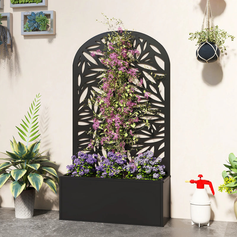 Jardinière métal avec treillis feuilles arqué noir
