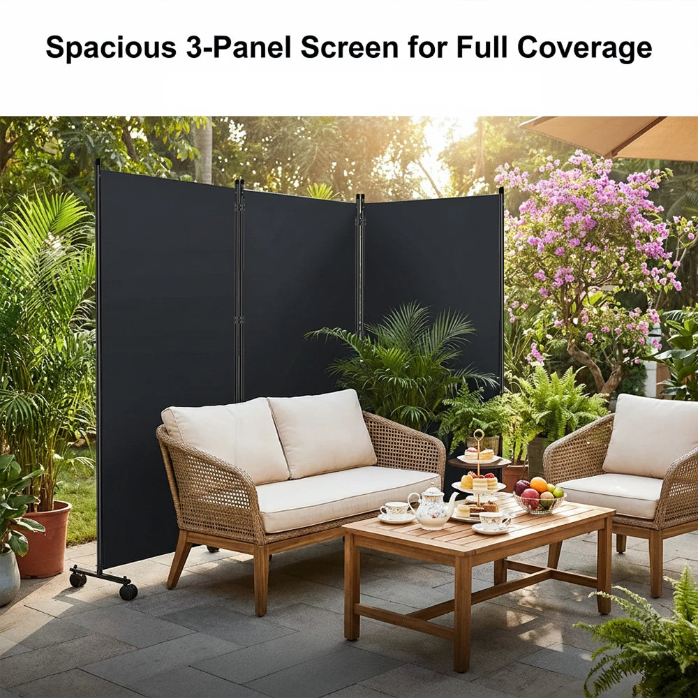 Paravent 3 Panneaux sur Roulettes Tissu Noir 259 x 183 cm