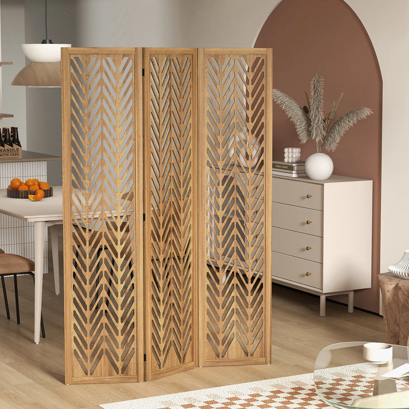 Paravent 3 Panneaux Bois Paulownia Ajouré Chevrons Miel 120 x 170 cm