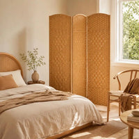 Paravent 3 Panneaux Tressé Cadre Bois de Pin Marron Clair 135 x 180 cm